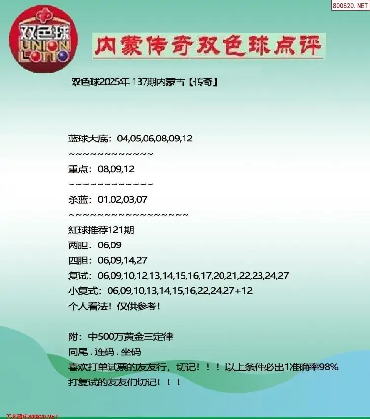 内蒙传奇双色球点评