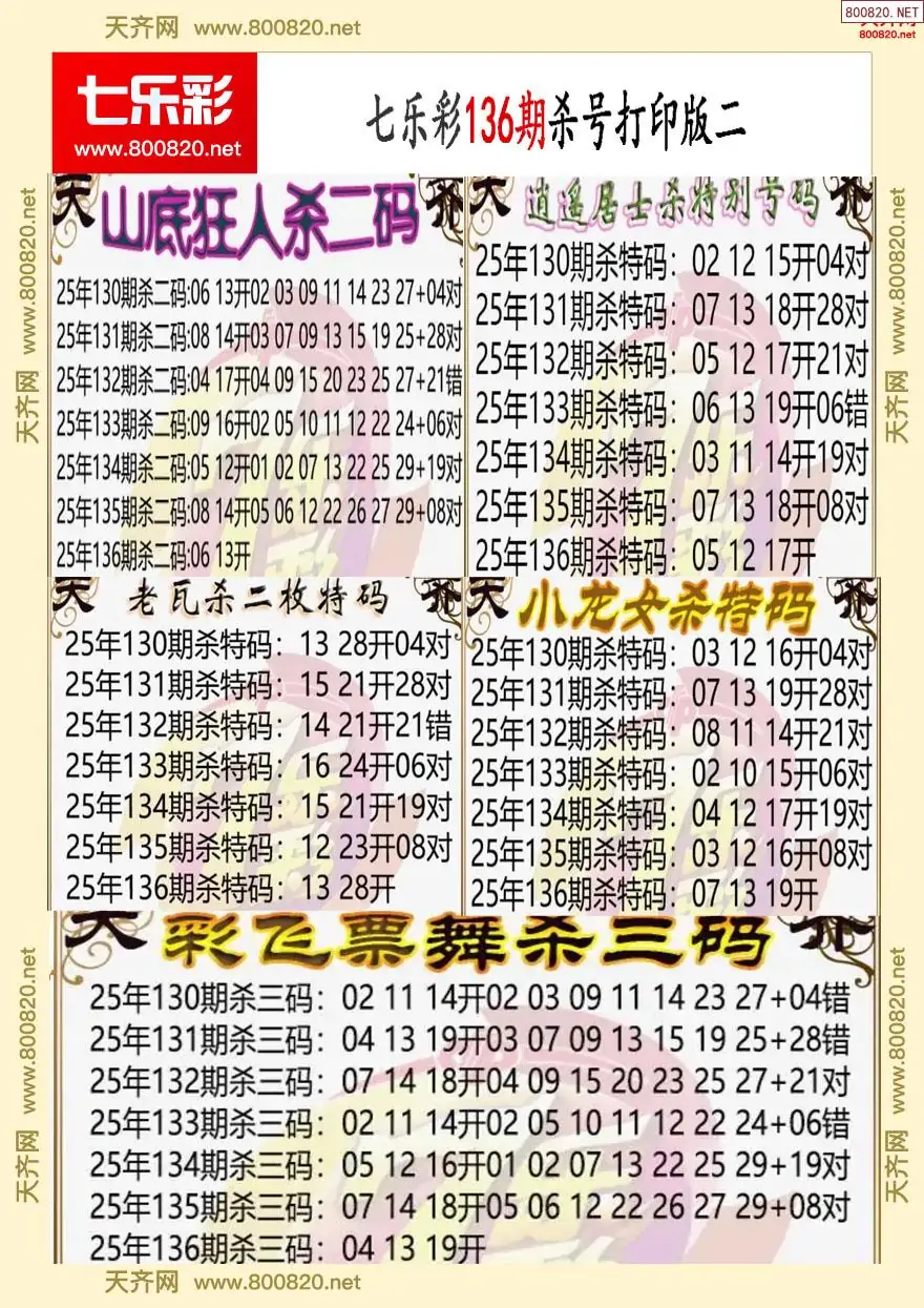 七乐彩杀号打印版二
