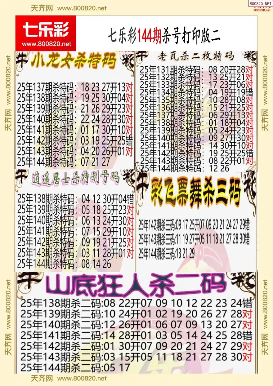 七乐彩杀号打印版二