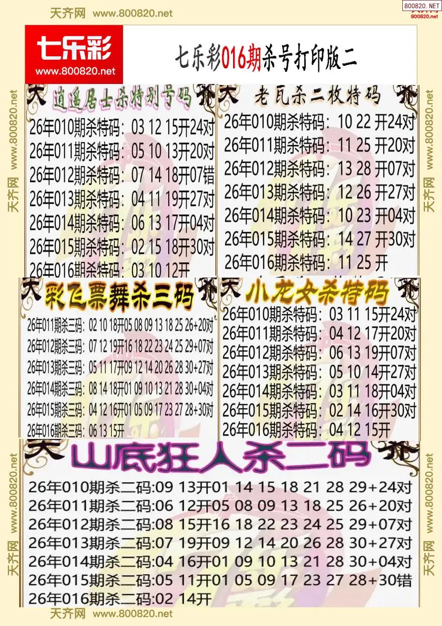 七乐彩杀号打印版二