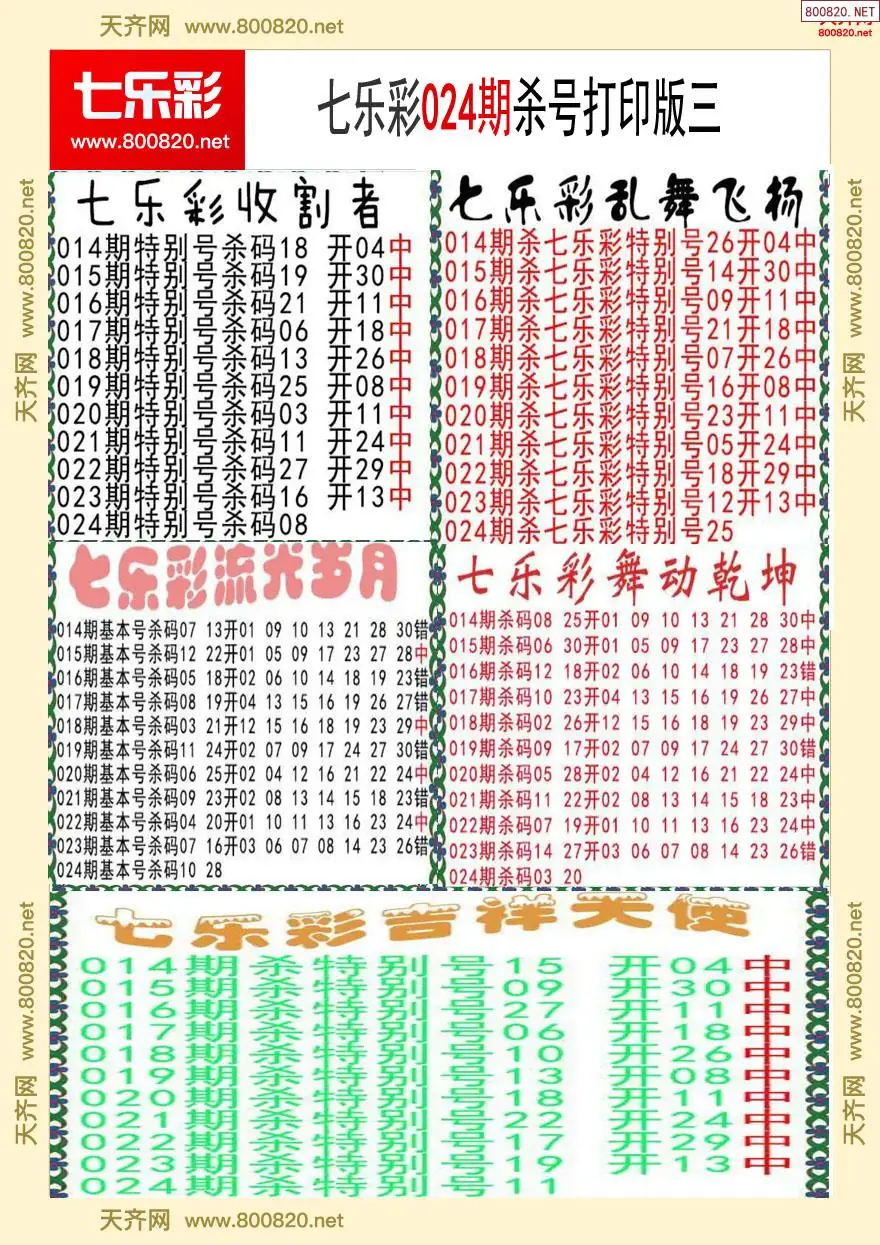 七乐彩杀号打印版三
