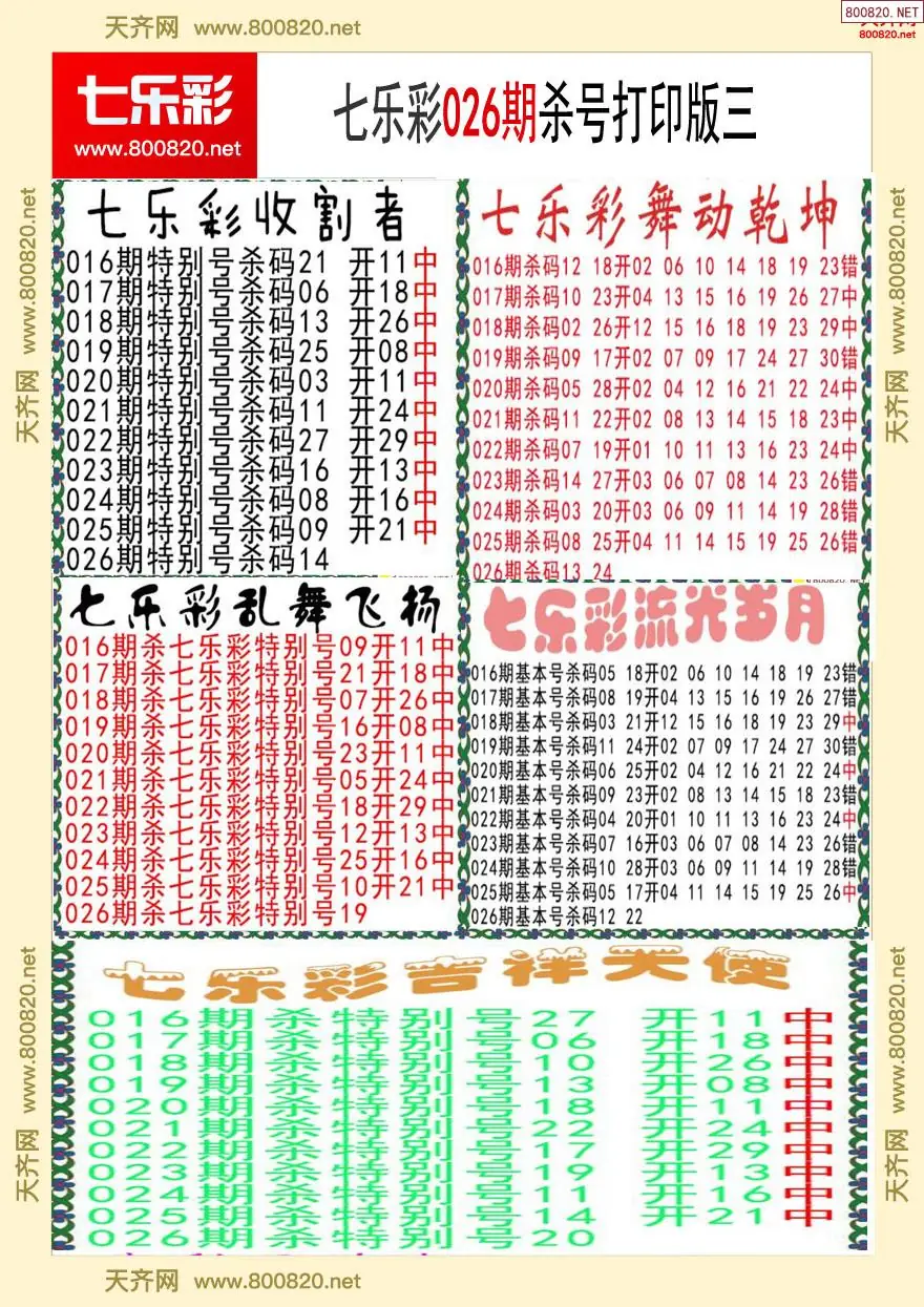 七乐彩杀号打印版三