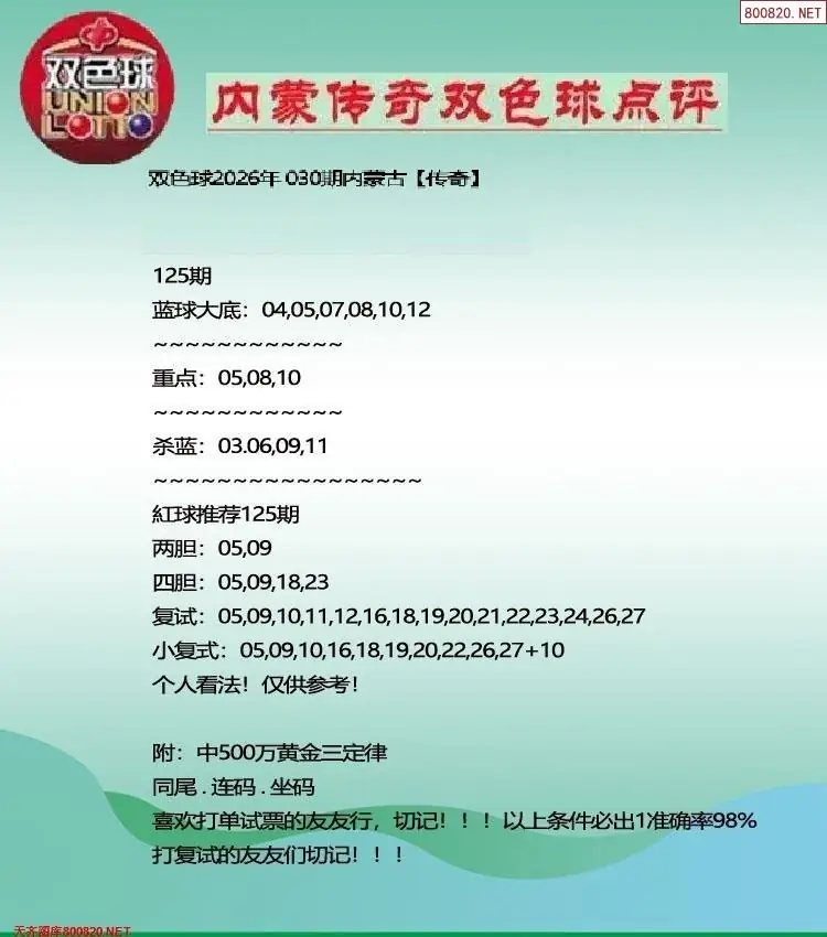 内蒙传奇双色球点评