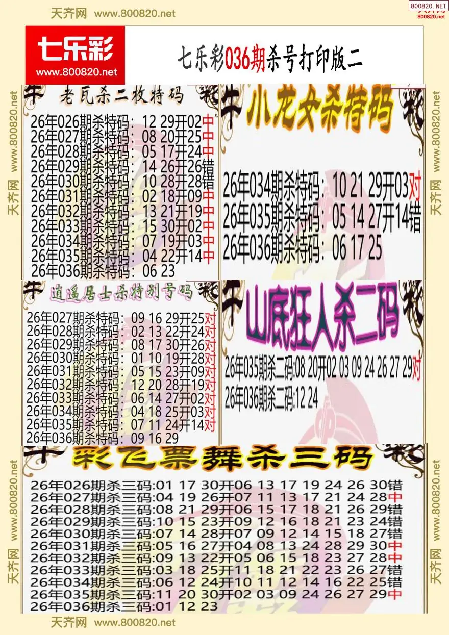 七乐彩杀号打印版二