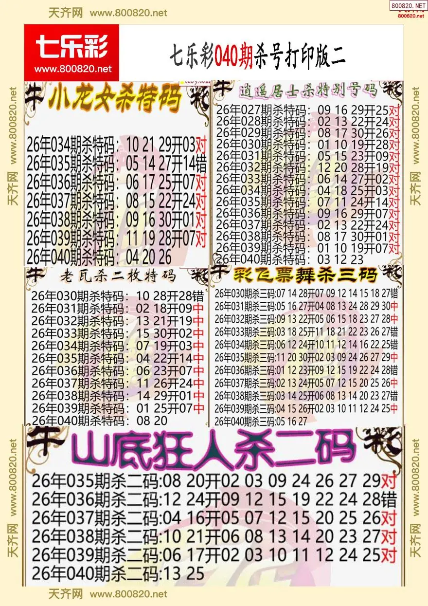 七乐彩杀号打印版二