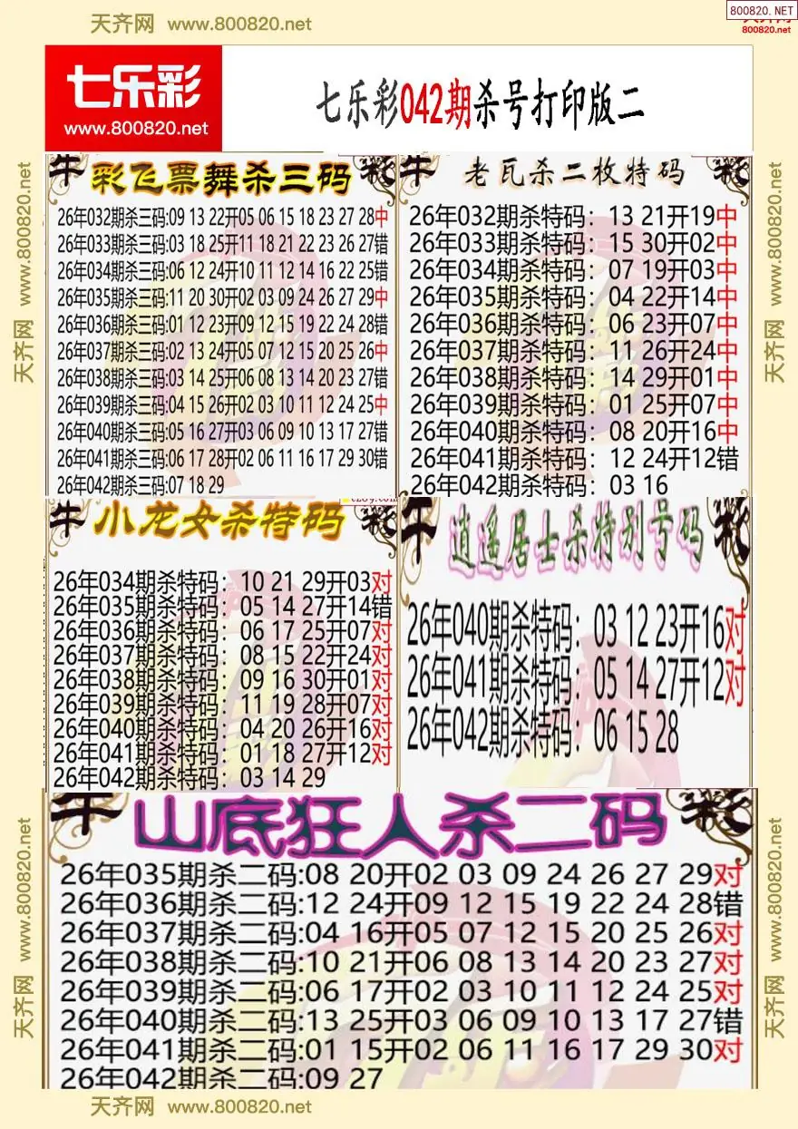 七乐彩杀号打印版二