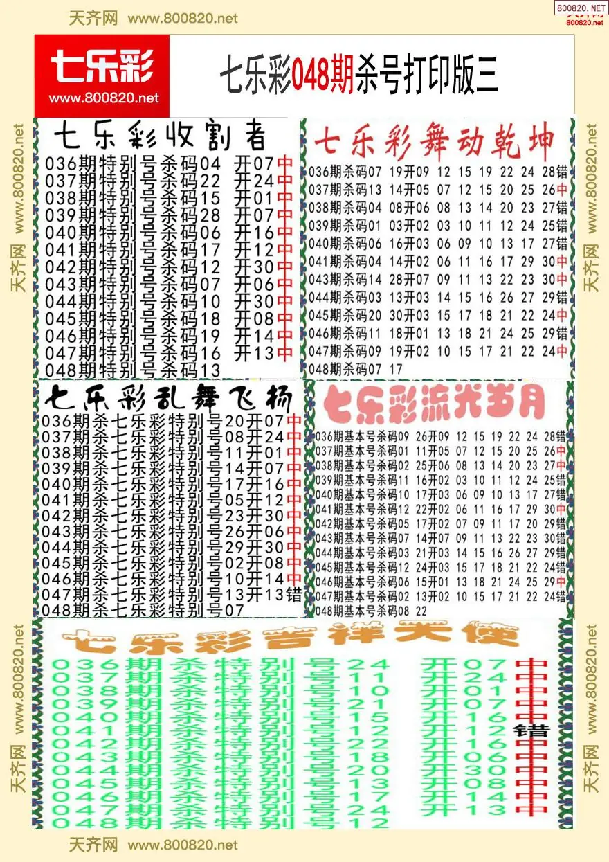 七乐彩杀号打印版三