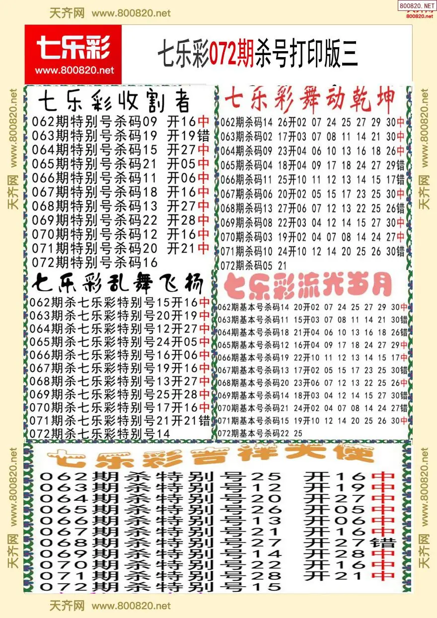 七乐彩杀号打印版三