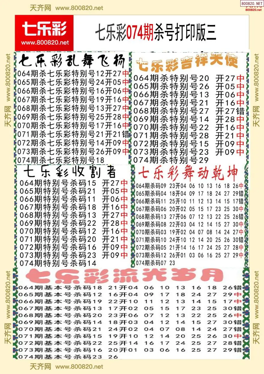 七乐彩杀号打印版三