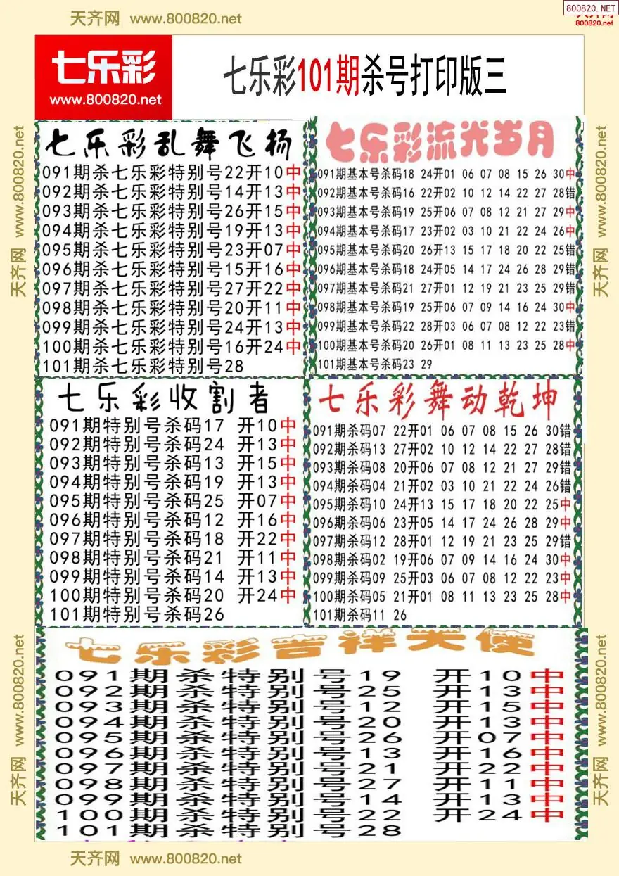 七乐彩杀号打印版三