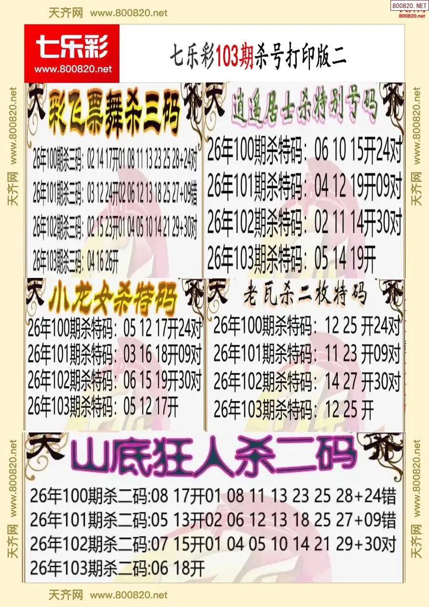 七乐彩杀号打印版二
