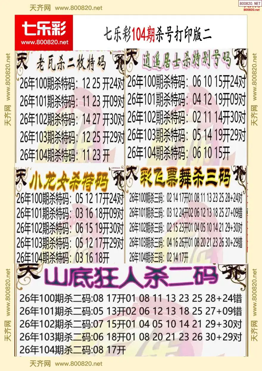 七乐彩杀号打印版二