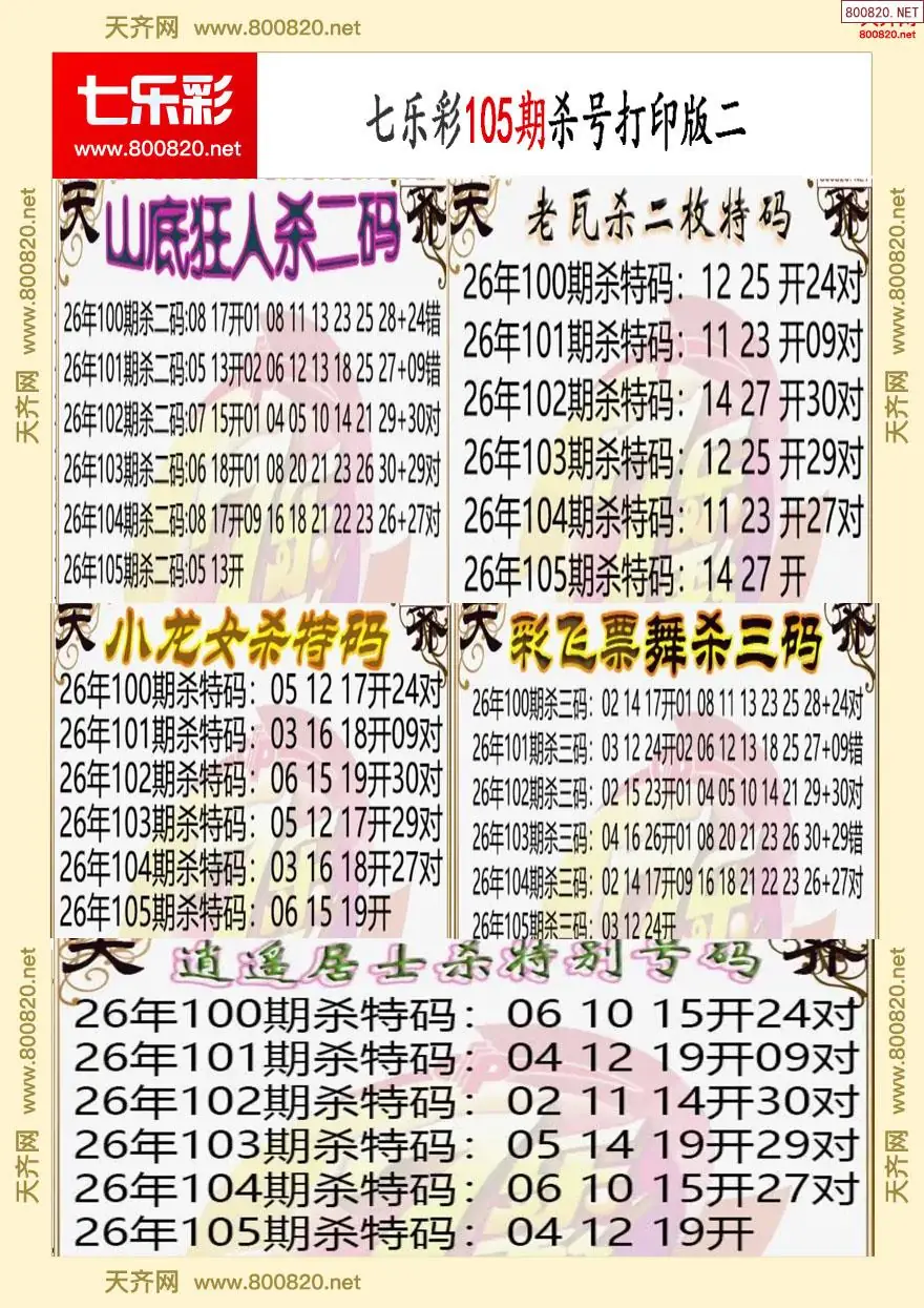 七乐彩杀号打印版二