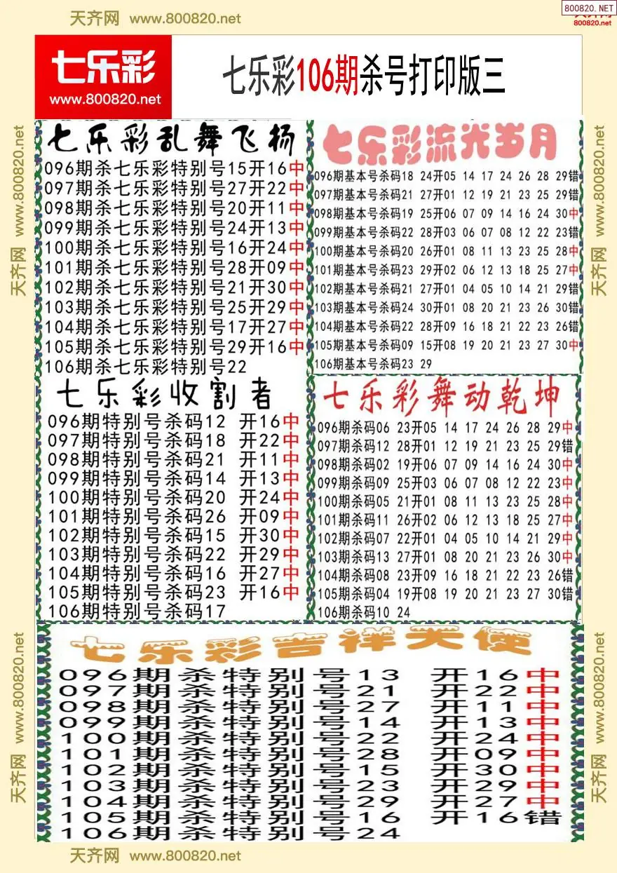 七乐彩杀号打印版三